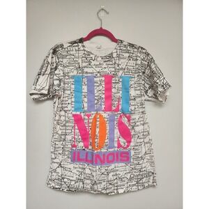 Vintage Sun Sportswear Illinois‎ All Over Print Map T-Shirt Mens White Neon 90s